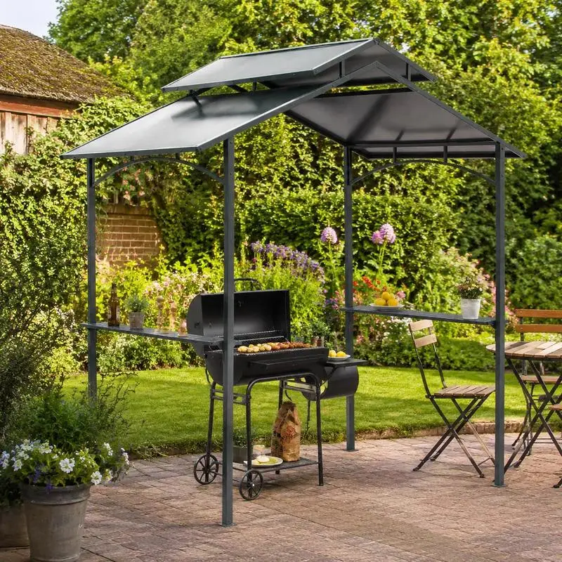 BBQ-Grillpavillon mit Doppel-Etagenüberdachung, 2 Seitenregalen, Stahlrahmen