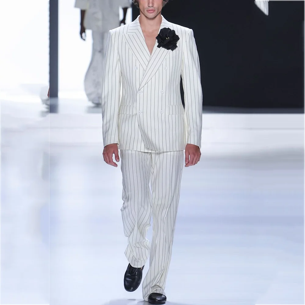 

Daily Casual Striped Suit For Men Peak Lapel Double Breasted Autumn Groomsmen Formal Wedding Business Suit Handsome Best Man Set