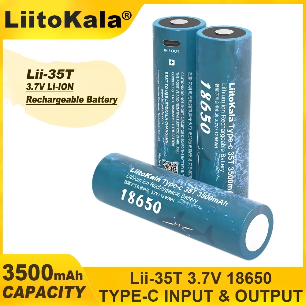 LiitoKala 35T tipe-c 5V Input, baterai USB Lithium isi ulang kapasitas 3.7V 18650 3500mAh 1-10 buah untuk keyboard mainan