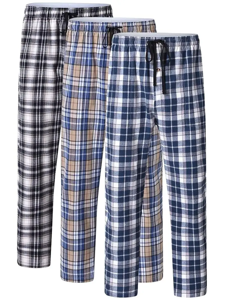 

3Pcs Men's 100% Cotton Plaid Pajama Sleeping Pants, Long Plaid Print Sleepwear Pajama Pants with Elastic Waist Homewear