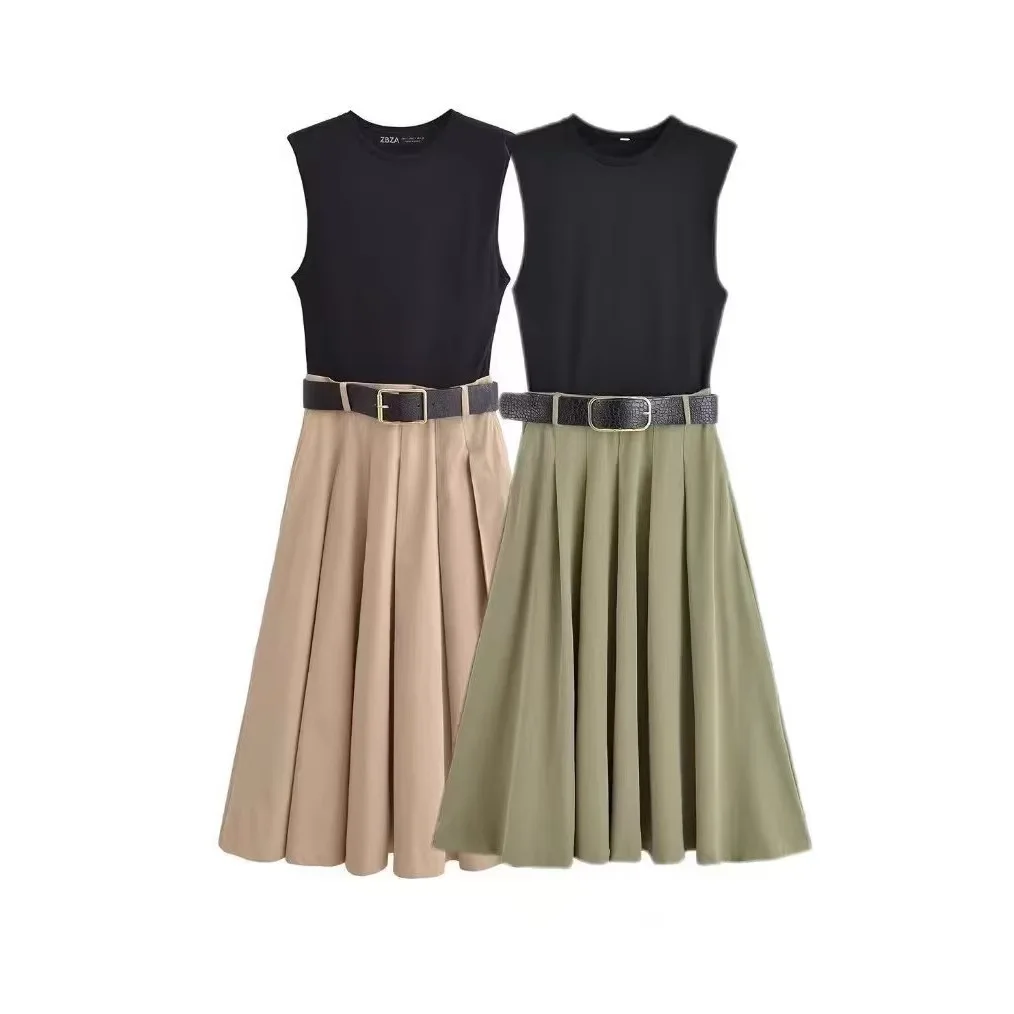 

KHKJ2025 Woman Dresses Belt Pleated Midi Dress Women Sleeveless Summer Dress Woman Knitted Party Dresses for Women Sundress