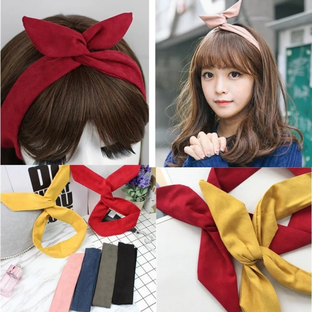 

Solid Color Suede Headband Print Design Bunny Ear Shape Cross Bowknot Hairband Twist Style Cross Bowknot Hair Accessories