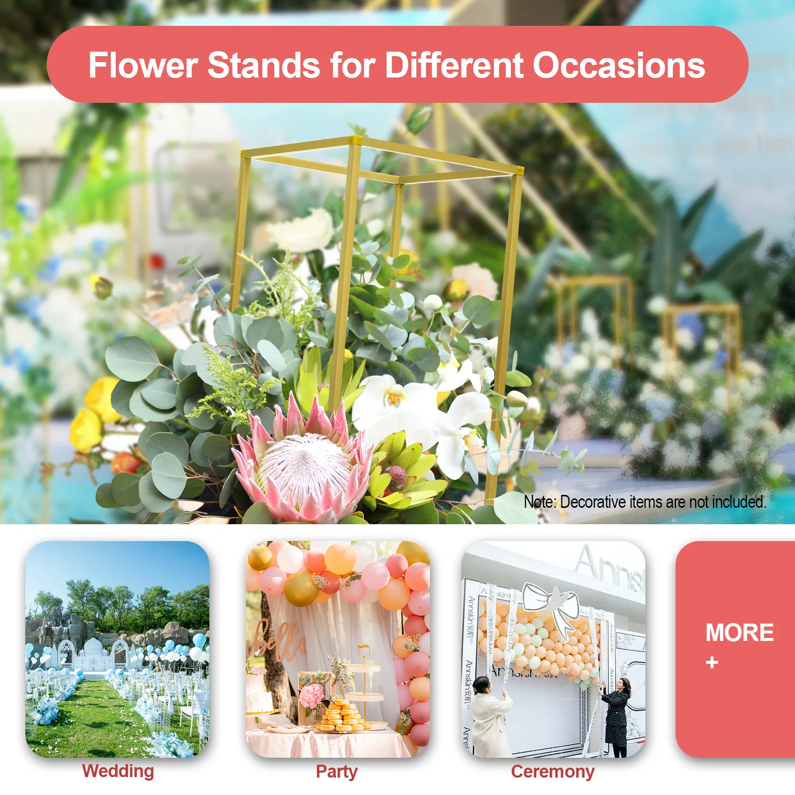 

10-Pack Gold Modern Flower Stands Set with Hammer 22lbs Load Capacity for Wedding Party Centerpiece Displays