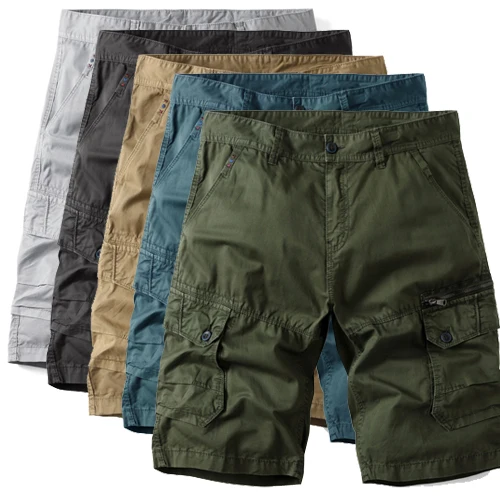 2025 verão novo tático carga shorts homens cáqui jogger algodão shorts masculino casual solto na altura do joelho calças