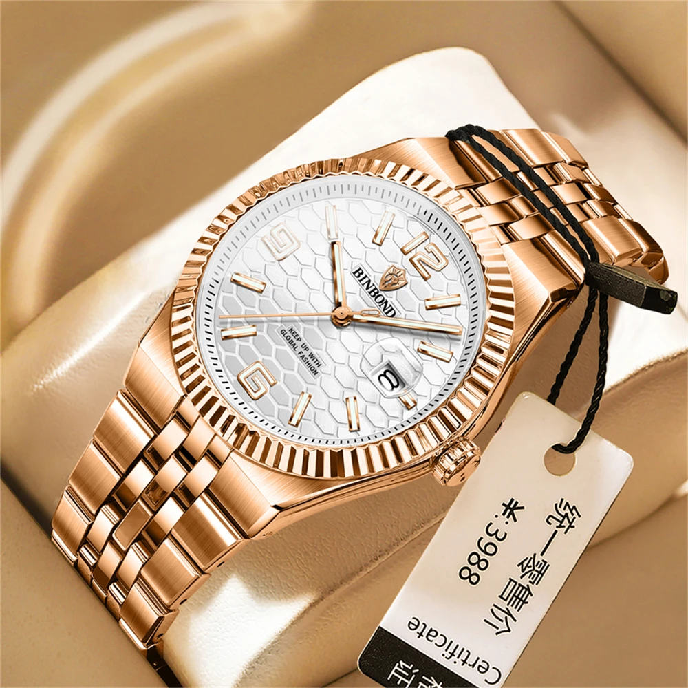 BINBOIND Orologio da polso casual alla moda per uomo Settimana Data Orologio da uomo in acciaio inossidabile Orologio da uomo al quarzo di lusso impermeabile luminoso + scatola