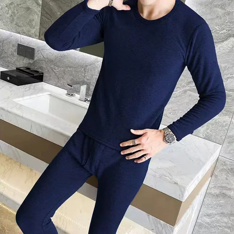 2025 Winter Thermal Underwear Long Men's Solid Color Plus Velvet Warm Tops + Pants Sets Thick Comfortable Soft Underwear Outfit