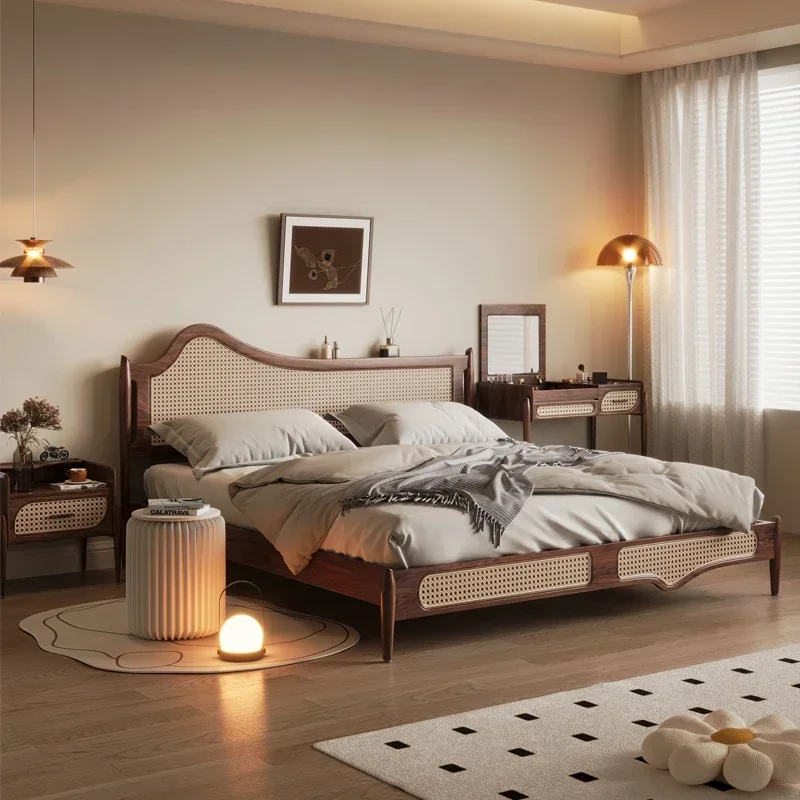 Black walnut antique style, master bedroom bed, wedding bed, double rattan bed