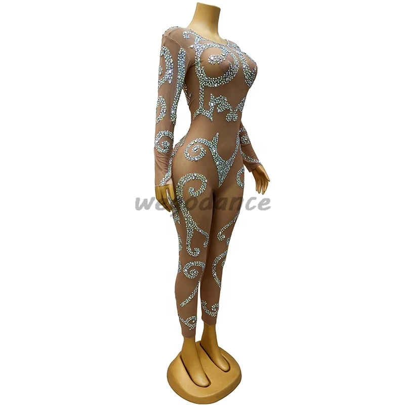 Sexy Bodysuit Outfit Birthday Performance Singer Costume Shining AB Color Rhinestones Nude Transparent Jumpsuit