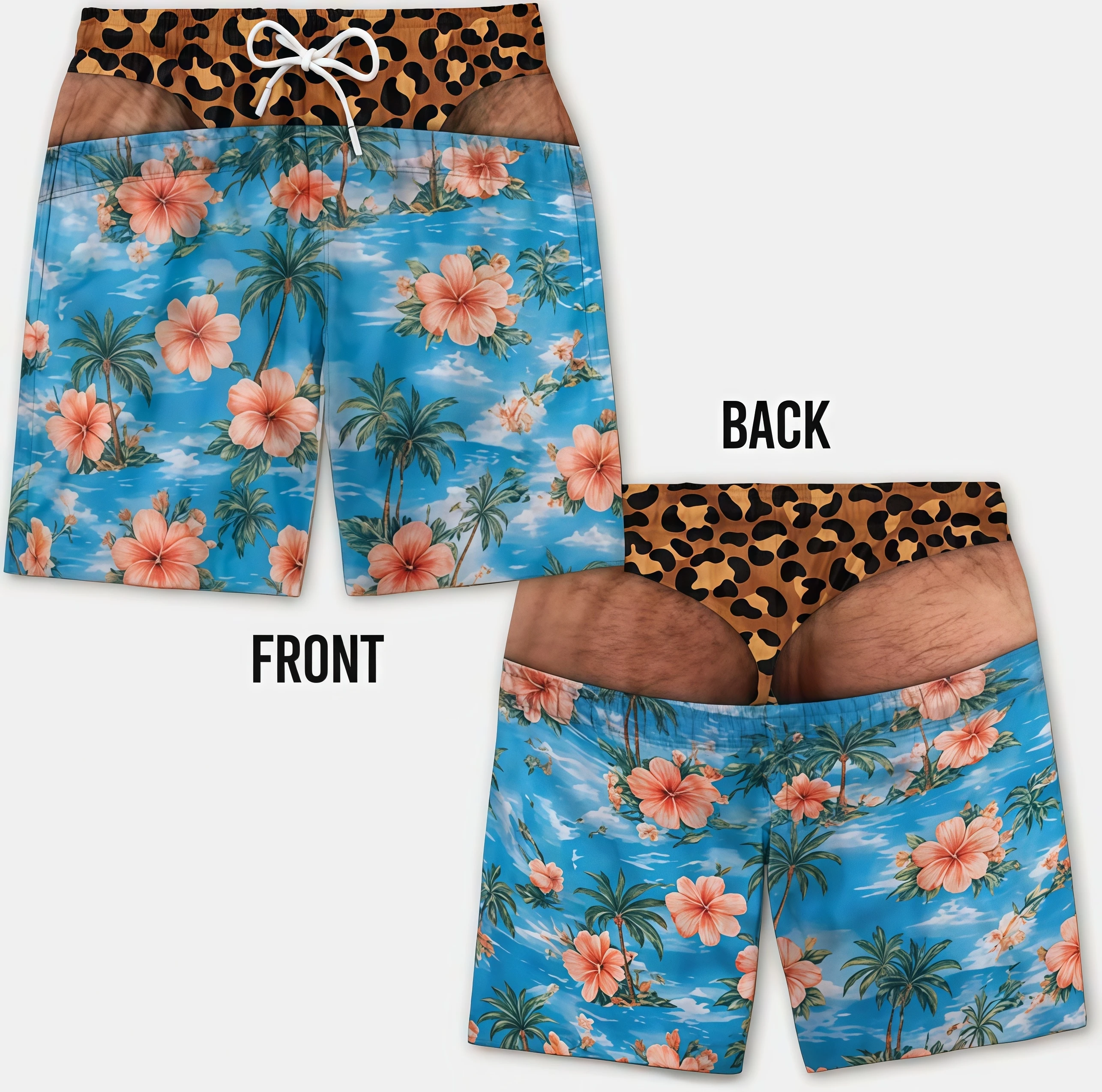 Lustige zweiteilige Boardshorts für Männer mit optischer Illusion, Thong-Print, Strandshorts, neuartige, witzige Badehose für den Sommerurlaub – Detail 7