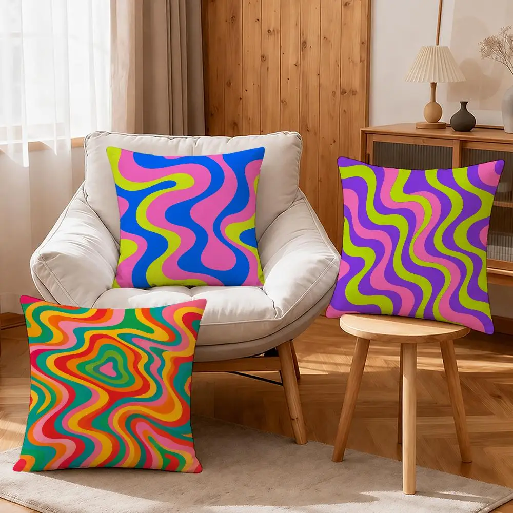 Art Y2K Millennium Psychedelic Waves Cushion Cover Linen Anti-Mite Antibacterial Cushion Cover Invisible Zipper Sofa Decor