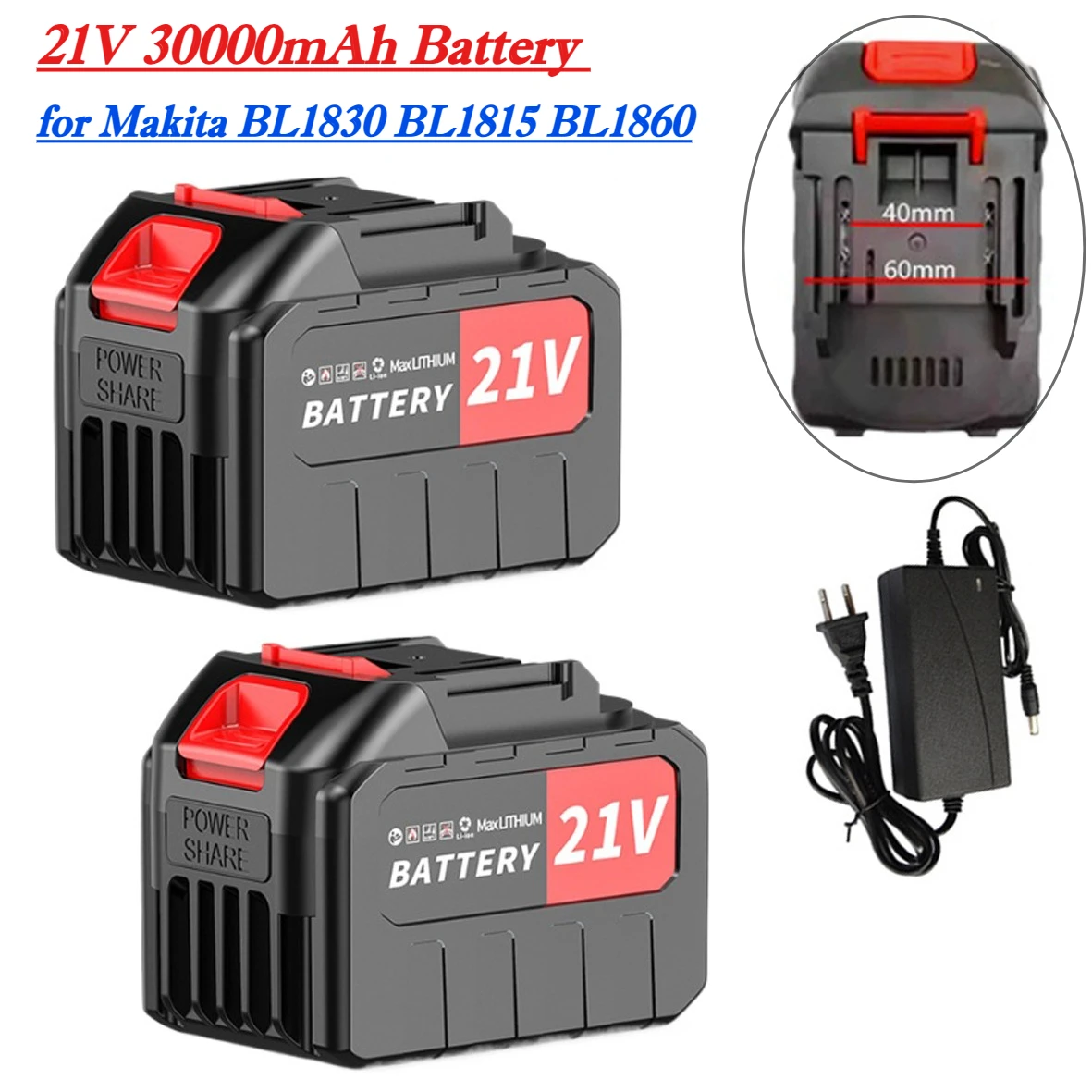 21V 30000mAh High-capacity Battery for Makita BL1830 BL1815 BL1860 BL1850 BL1840B Power Tool Rechargeable Battery with Charger