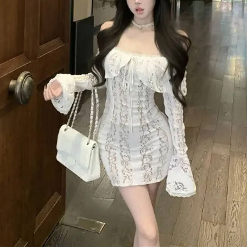 

Hotsweet Slash Neck Lace Spliced Dresses Female Clothing Stylish Hollow Out Autumn Drawstring Elegant Off Shoulder Mini Dress