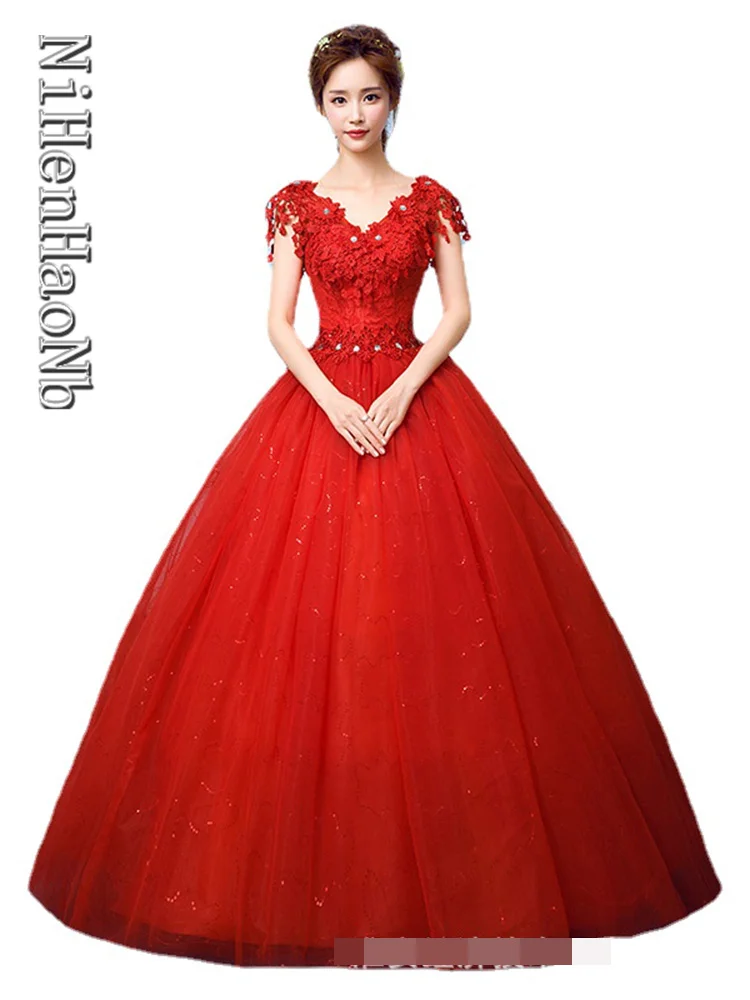 Robe de Mariée Rouge en Dentelle Brodée, Tenue de Bal Vintage, Col en V, 2023