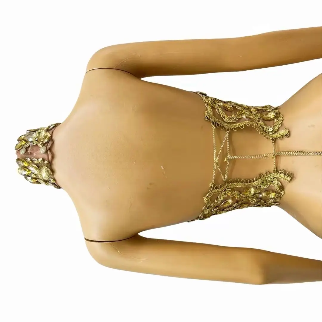 NEW Sparkly Golden Rhinestone Sequins Bandage Top for Women Sheer Mesh Sexy Club Party Show Backless Crop Top Hot Girls Wear