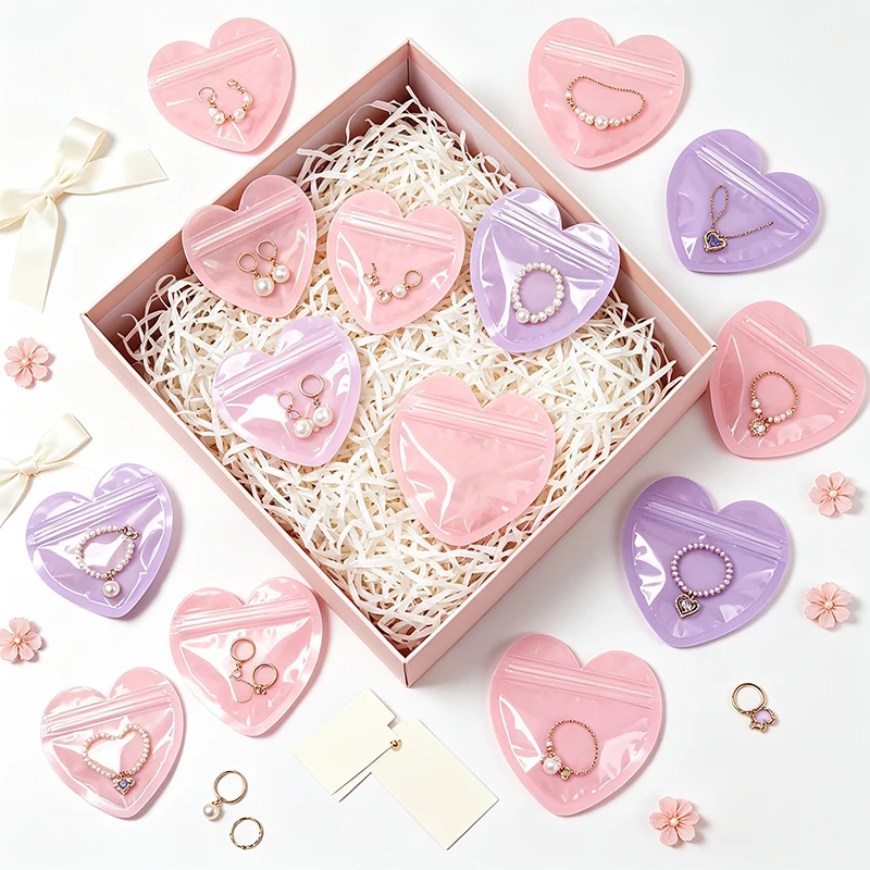 48PCS Heart Design Seal Bags Colorful Pink Purple Plastic Packaging For Jewelry Rings Earrings Bracelets Portable Gifts Wrap ZYF view 5