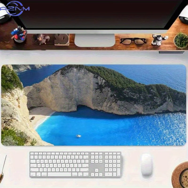 1pc Blue Sea Cave Design Mouse Pad - Washable, Non-Slip Rubber Desk Mat for Office & Gaming, Premium PC Accessory with Scenic Be