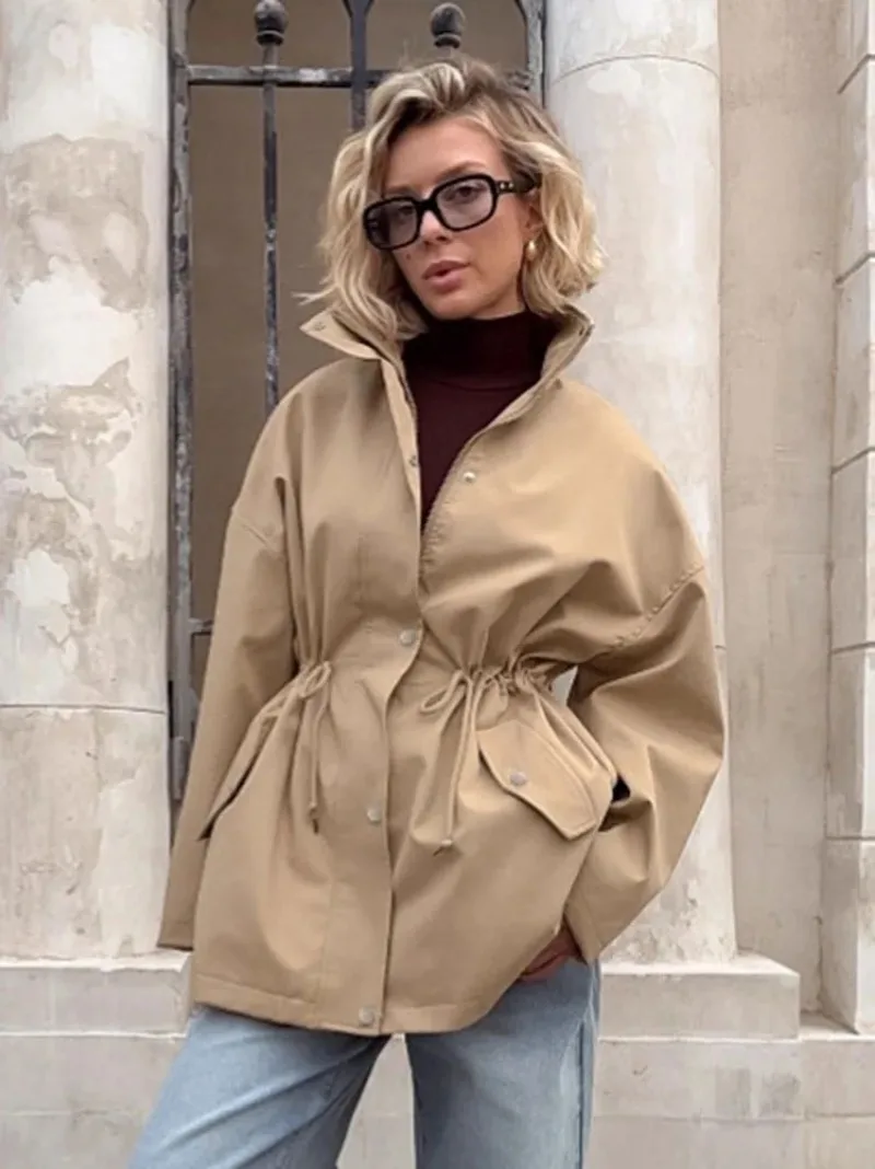 

Autumn New Women's Fashion Coat Design Sense Medium and Long Simple Casual Comfortable Loose Waist Lace Drawstring Trench Coat