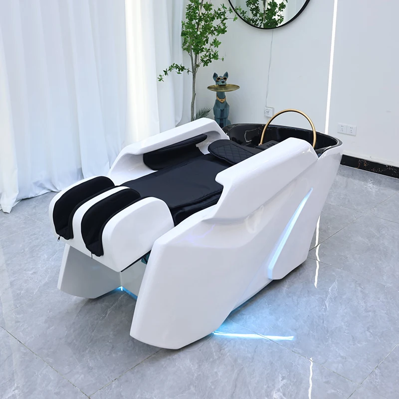 qk-Modern Multifunction Barbershop Electric Massage Shampoo Bed Luxury White Beauty Salon Head Spa Washing Bed with Arm airbag@