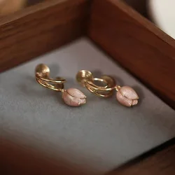 Pink Tulip Pendant Non Piercing Women Ear Clip Dangle Earrings Gold Color Oil Dripping Process Flower Spring Summer Earring