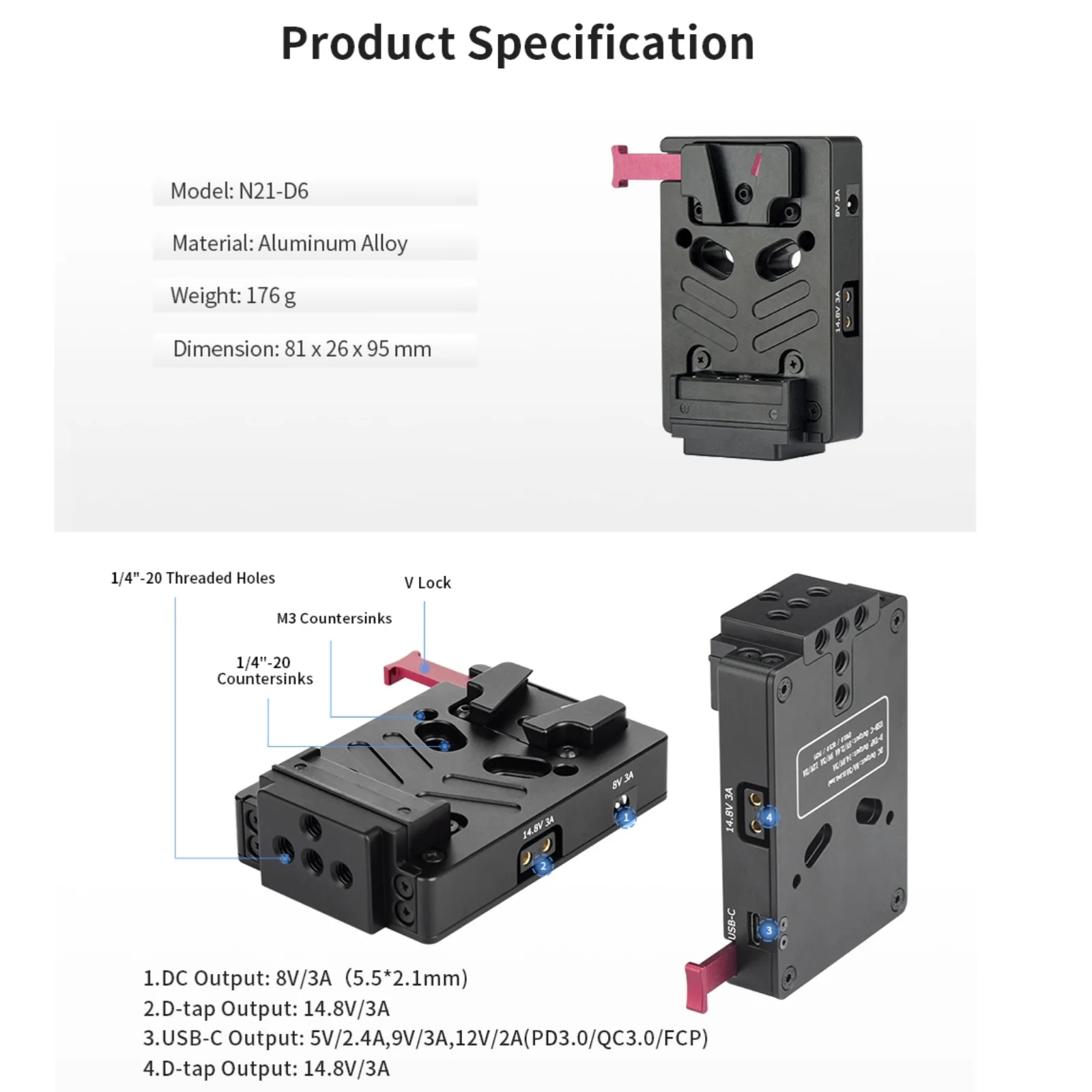 Nitze V Mount Battery Plate with One 8V/3A DC, Two 14.8V/3A D-tap and One PD 3.0 USB-C Output Ports-N21-D6