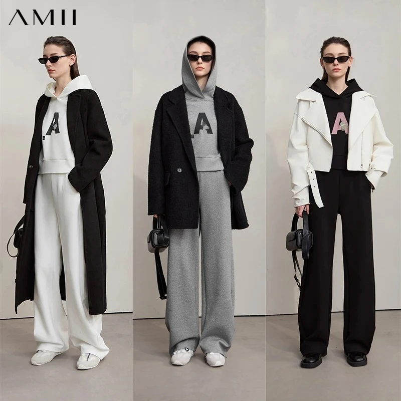 AMII Woman Sweatshirts 2026 Autumn Casual Letter Loose Hooded Sweater Wide-leg Sweatpants Separate Knit Ladies Clothes 12523012