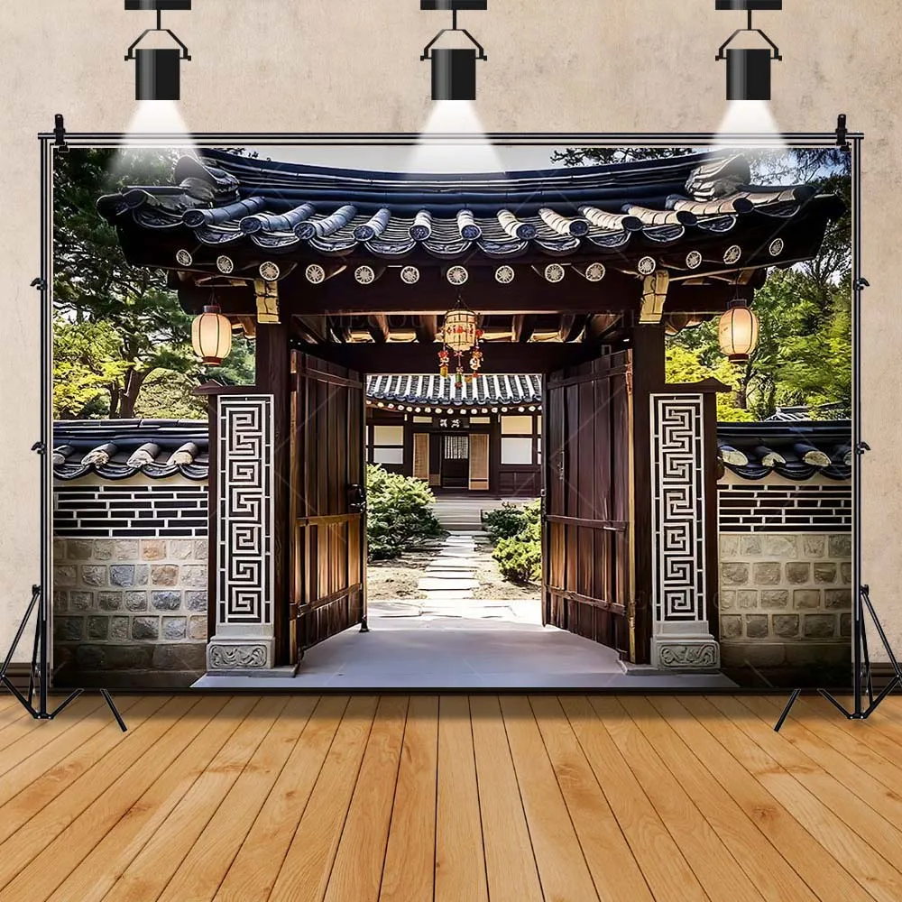 Korean Garden Gate Backdrop Vintage Courtyard Photography Background Custom Poster Birthday  Decor for Adult Party Photo Booth