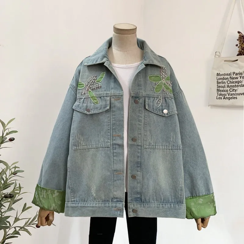 

Harajuku Vintage Loose Frayed Big Pocket Blue Denim Jacket Fashion Beaded Diamond Contrast Cuffs Lapel Long Sleeve Jeans Jacket