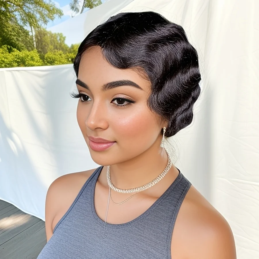 Short Finger Wave Wig Brazilian Human Hair Wig For Women Short Water Wave Deep Wave Wig Pixie Cut Wigs For Daily And Party Use image 5