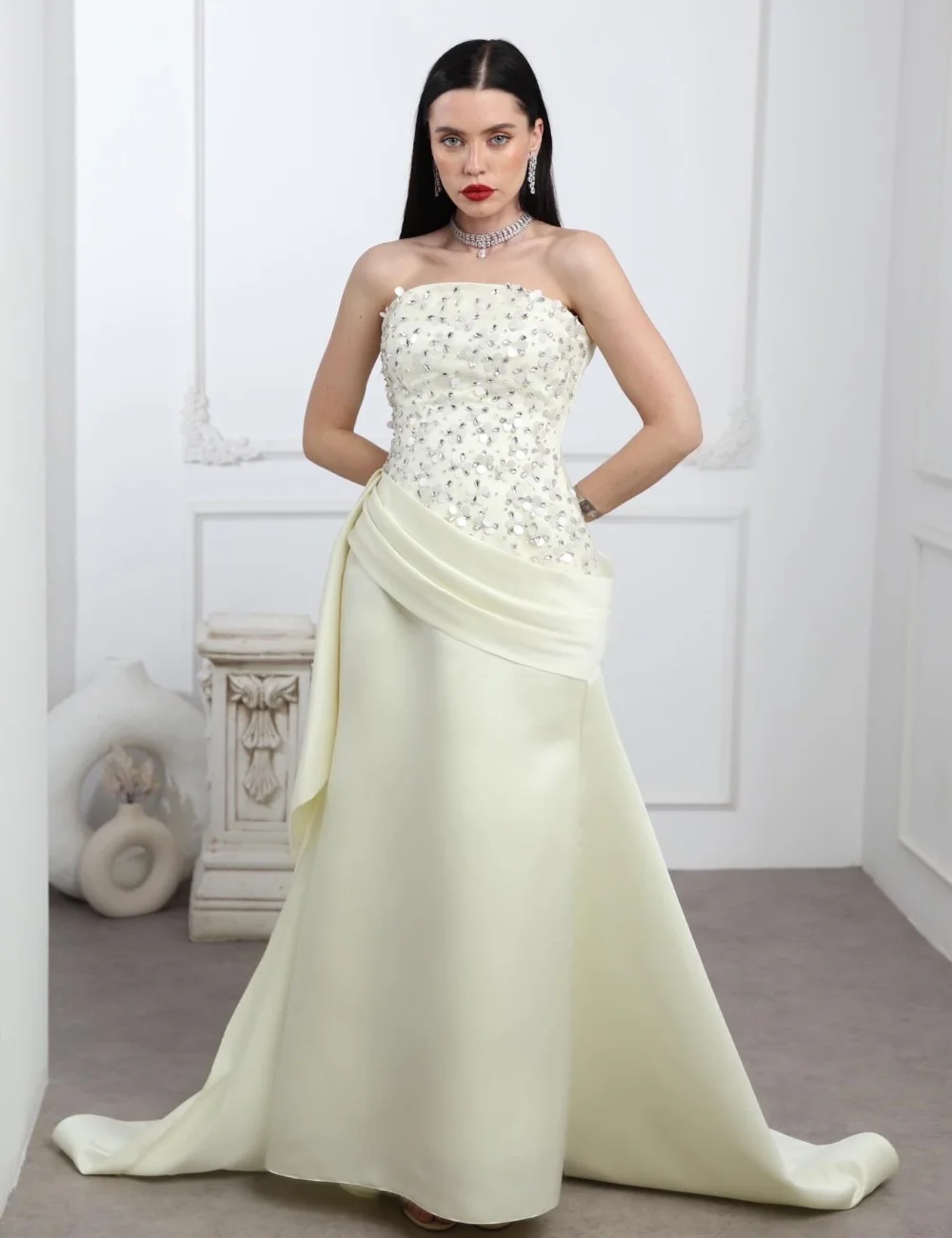 

Customized Luxury Matching Beading Rhinestone Flower Pleat Draped Mermaid Strapless Long Dresses Evening Dresses High Quality