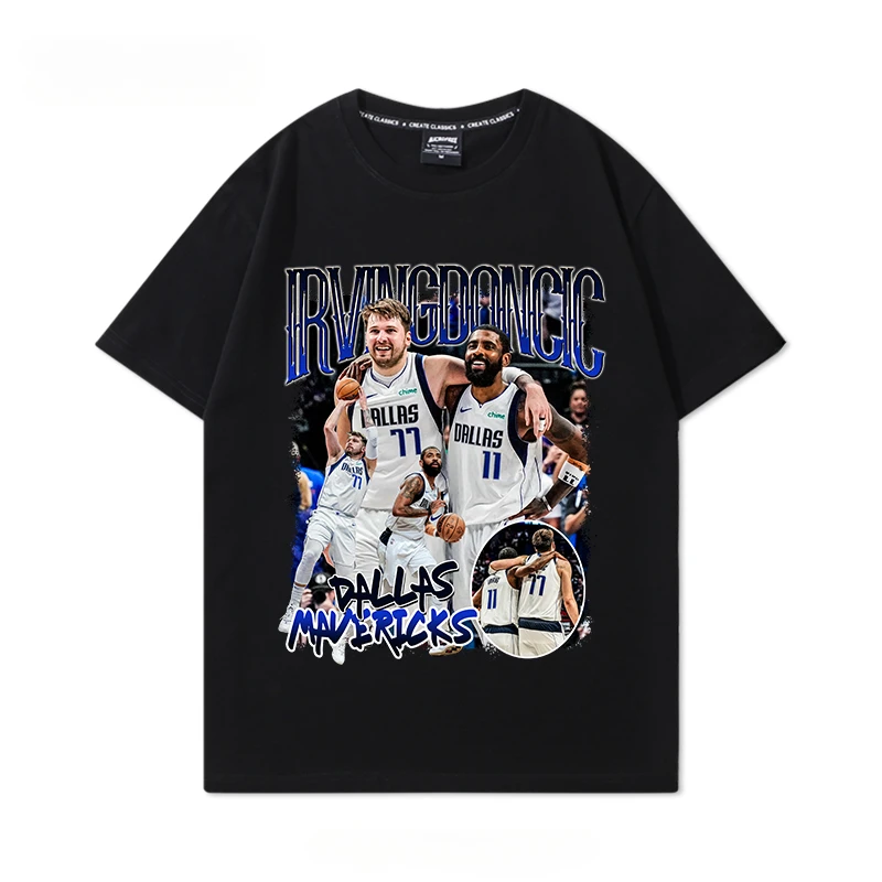 Basketball Mavericks Irving Doncic Printed Pure Cotton T-Shirt Short Sleeve Men's American Retro Basketball Casual Trend Summer