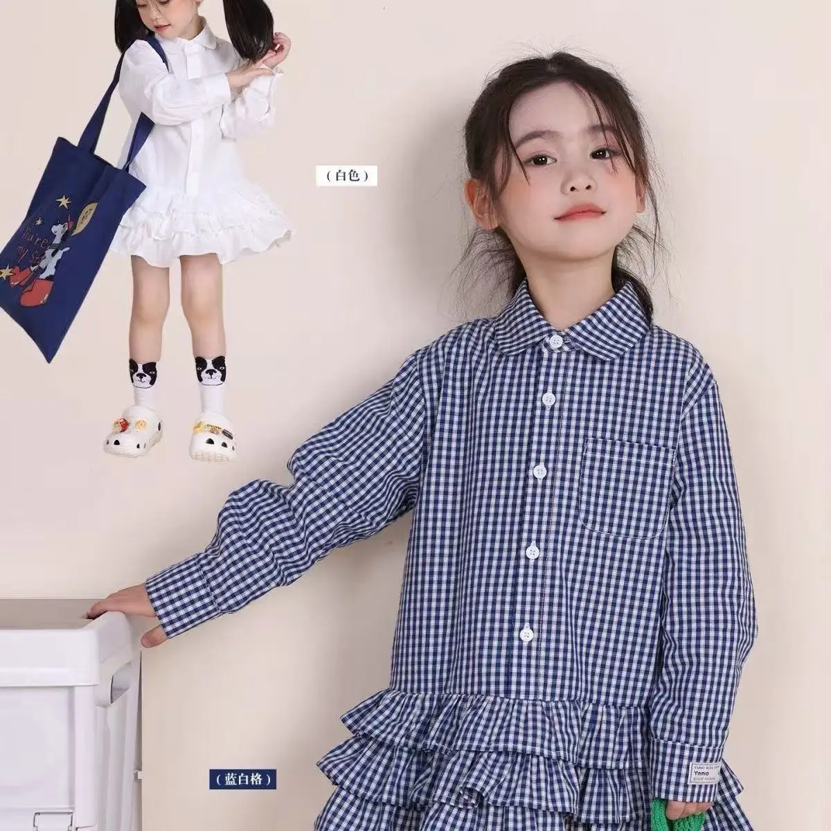 Girls' Dress Spring And Summer Autumn New Collection Children's College Blue Plaid Shirt Dress Little Girls' Collar Cake Skirt