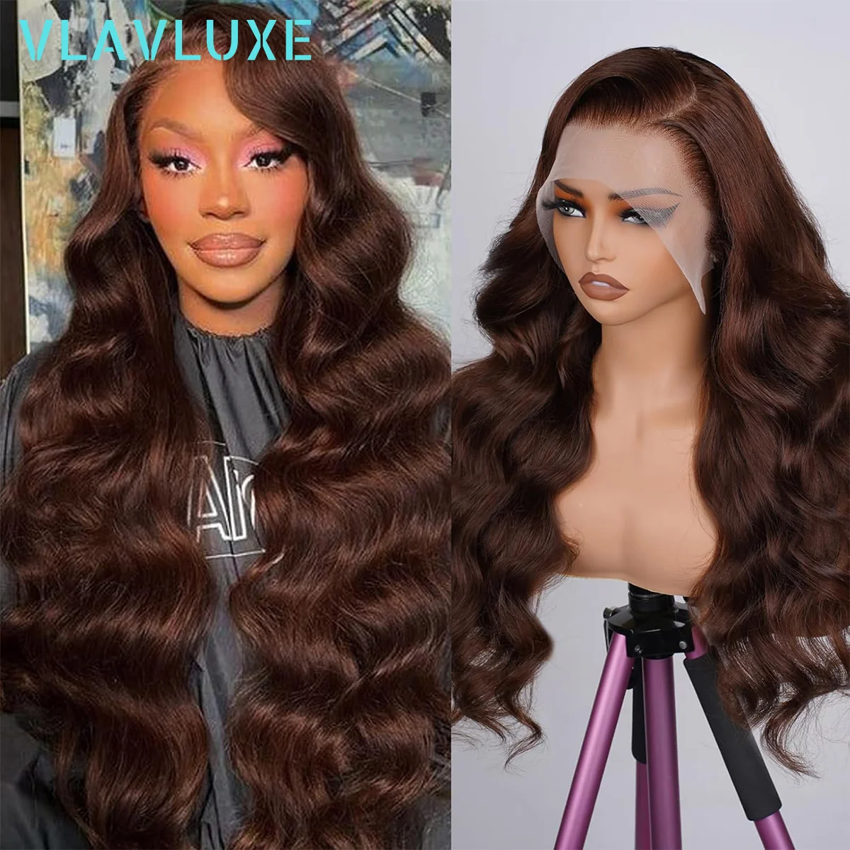 

Glueless #4 Chocolate Brown Body Wave Human Hair Wig 360 HD Transparent Lace Front Wigs 400 Density 36 Inches Vlavluxe Hair Wigs