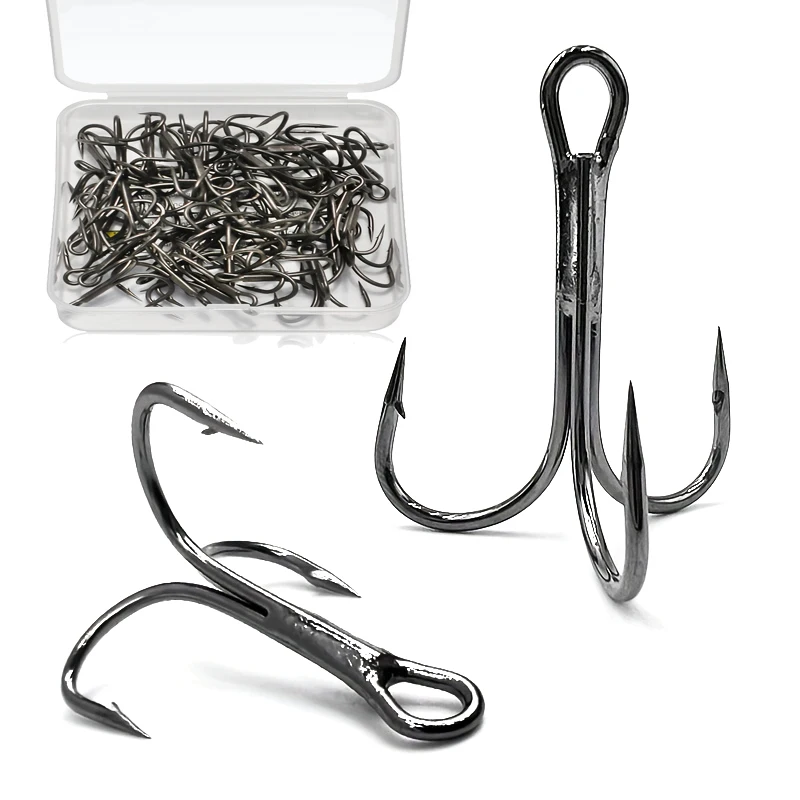 50pcs Super Sharp Fishing Treble Hooks In Box Sharpened Anchor Hooks Sizes 14-2# High Carbon Steel Barbed Fishhook Silver/Black