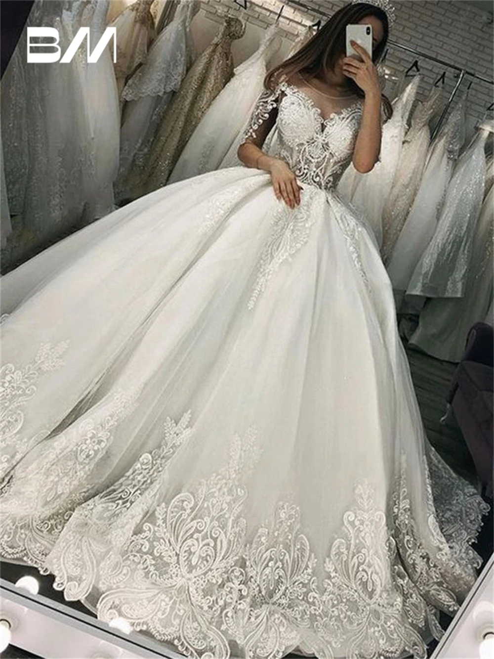 Large Trail Ball Gown Wedding Dress Customized Half Sleeves Lace Sheer Neck Bride Dresses Tulle Women Bridal Gown Plus Size