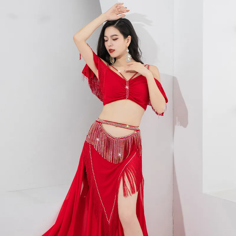 

2024 Women Belly Dance Costume Performance Set Fringe Tassel Sexy Skirt 2 Piece Set Rave Top Shine Sparkle Competition Clothes