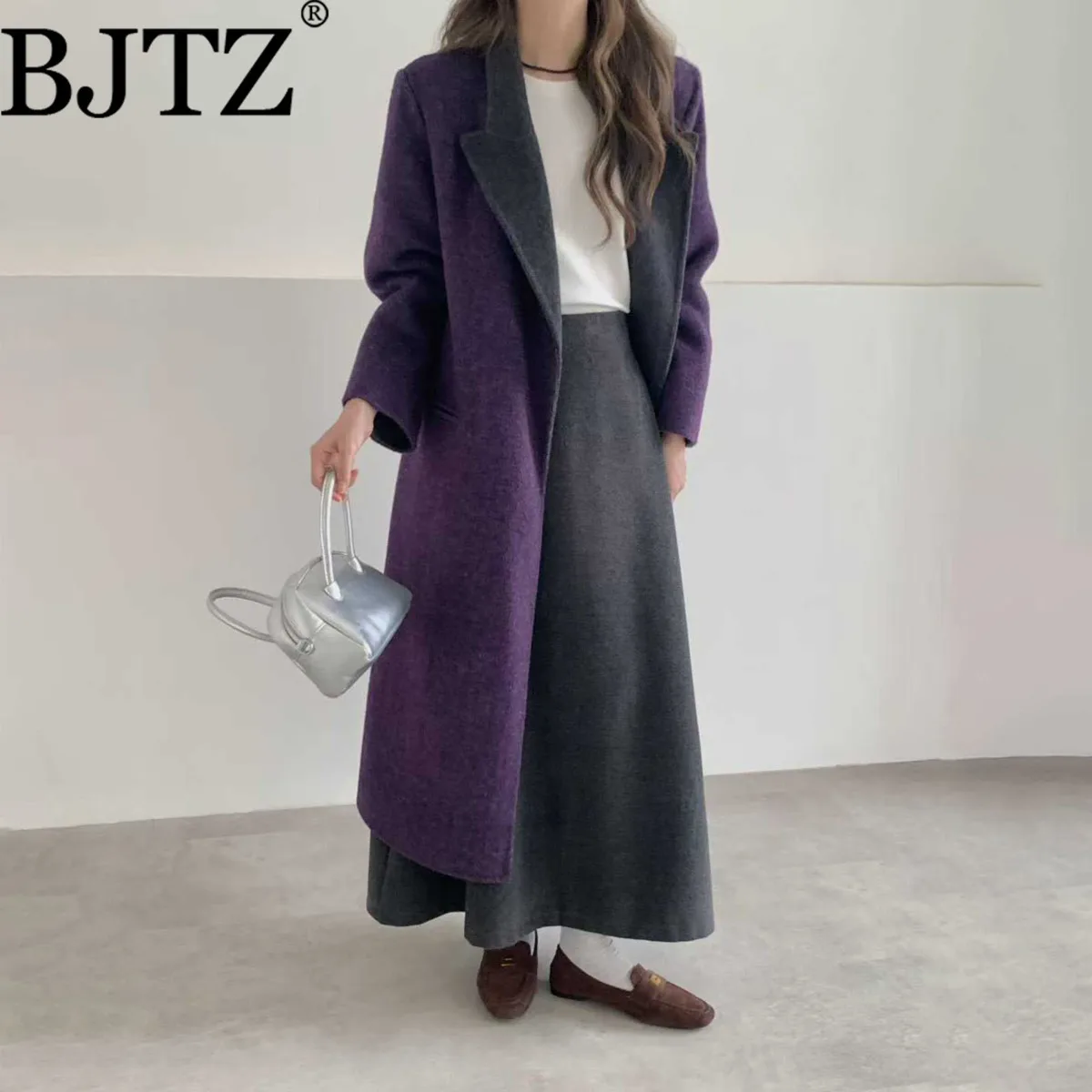 

BJTZ 2025 New Contrast Color Designer Blazer Woolen Jacket For Woman Mid-length Lapel Lace-up Tie-waist Loose Office Lady Coat
