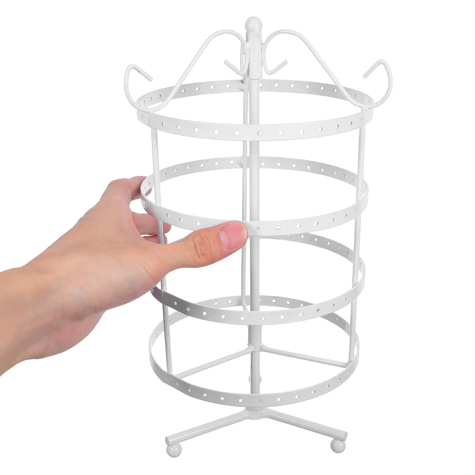 

4-Tier 144 Holes Round Earring Display Stand Rotating Metal Jewelry Holder White Size M 15x15x31cm for Store Home