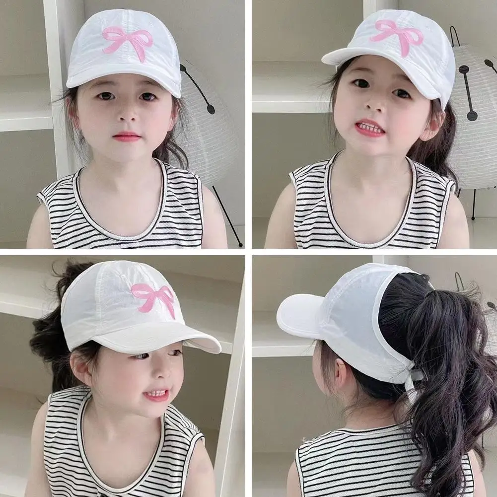 

Kids Ponytail Empty Top Duckbill Hats Summer Sun Hat Children Embroidery Bow Baseball Cap Quick Drying Sunscreen Visors