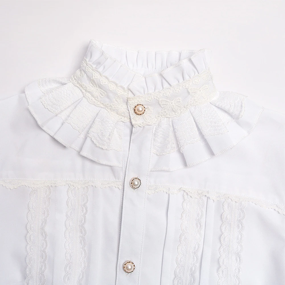 Vintage Victorian Women\'s Shirts And Blouse Solid White Gothic Stand Collar Lace Lolita Lotus Ruffle Tops Shirt Woman Clothing