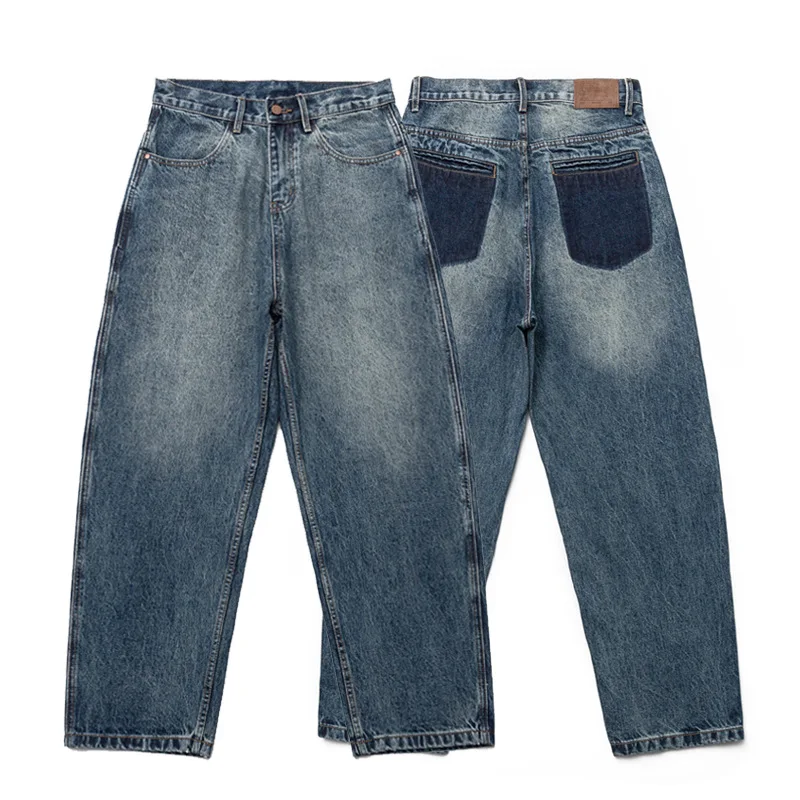 

Мужские джинсы в японском стиле с широкими штанинами, свободного кроя, прямые, повседневные, из денима, винтажные, с высокой талией, на молнии
