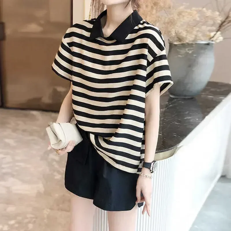 Top Clothes Black Polo Neck Shirt Short Sleeve Tee Striped Printing Women's T Shirts High Quality Aesthetic Cute Summer 2024 New