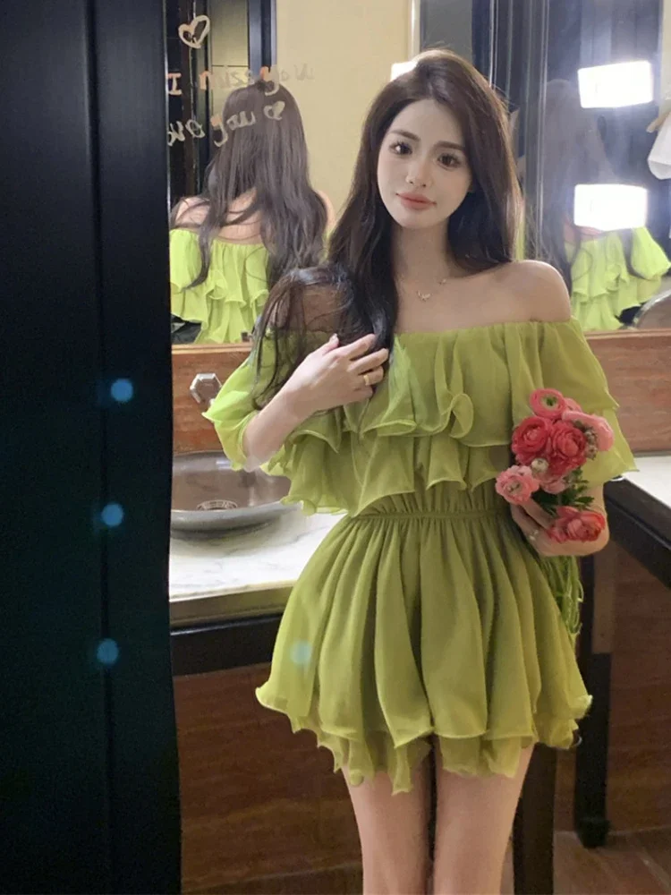 Coquette Kurzarm Off Schulter Sexy Mini Chiffon Satin Weibliche Kleid Seide frauen Kleider Kleidung Elastische Heiße Koreanische Mode