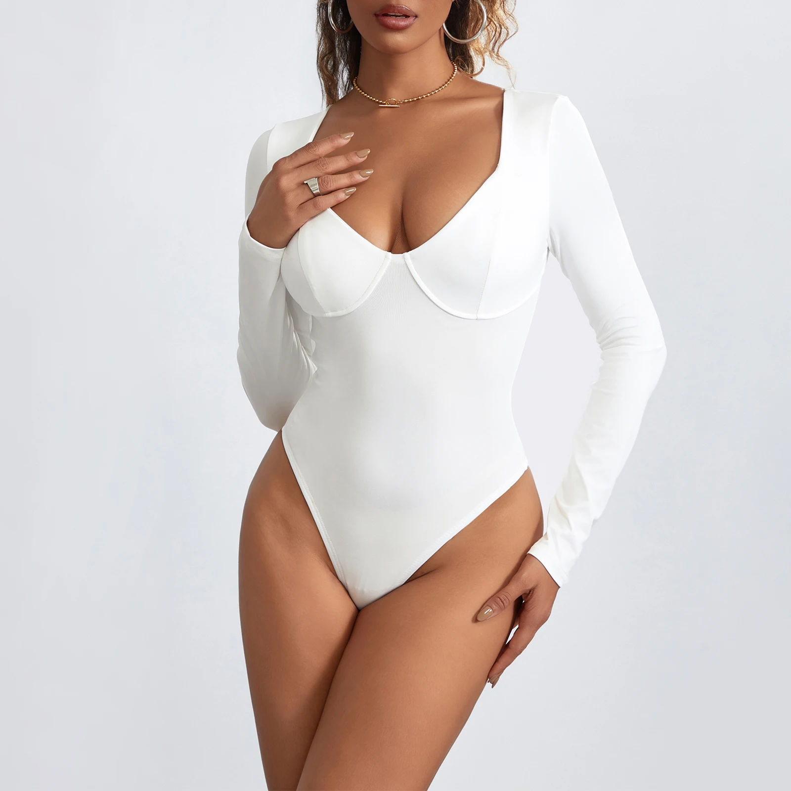 Women’s V Neck Bodysuit Long Sleeve Seamed Cup Solid Color Leotard Tops High Cut Playsuit