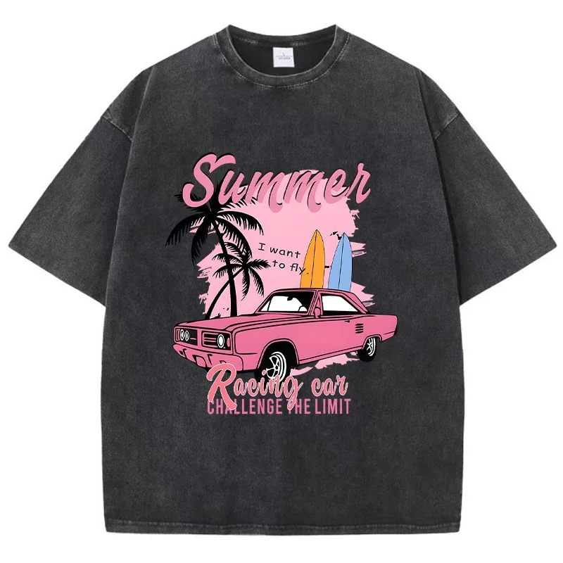2026 Casual wash T-shirt Summer racing challenge limit printed T-shirt street oversized top fashion o collar clothes