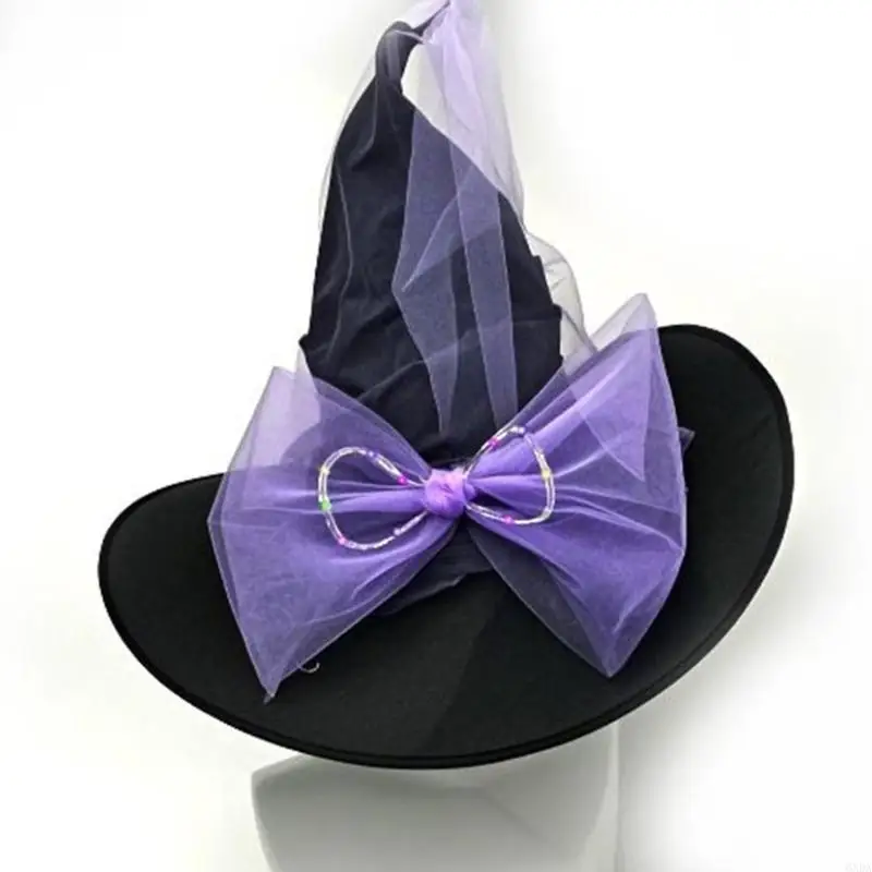 Halloween Witch Hat Bowknot Wizard for Women Girls Wizard Cosplay Trang phục Phụ kiện sáng lên Quà tặng mũ nhọn 6XDA