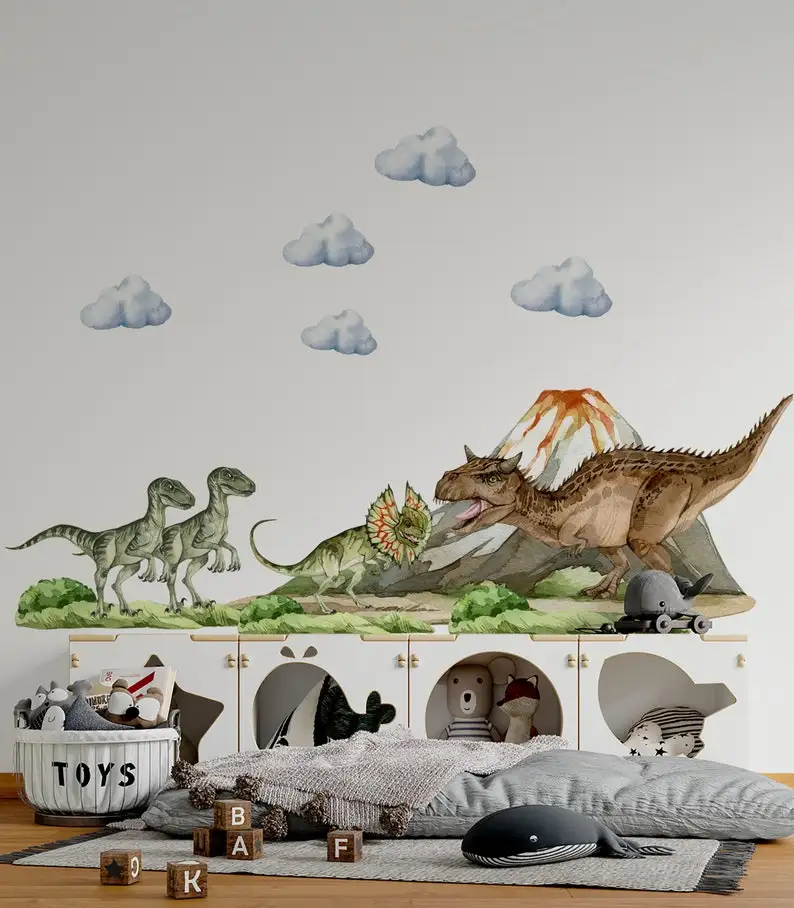 dinosaur wall decal big set, Jurassic World in boy room, dinosaur stickers, dinosaur wall art, kids wall sticker, dinosaur decor