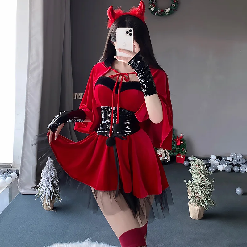 Sexy Demon Cosplay Costumes Women Cute Devil Girls Uniform Naughty Halloween Roleplay Outfits Erotic Lingerie Dress Shawl Set