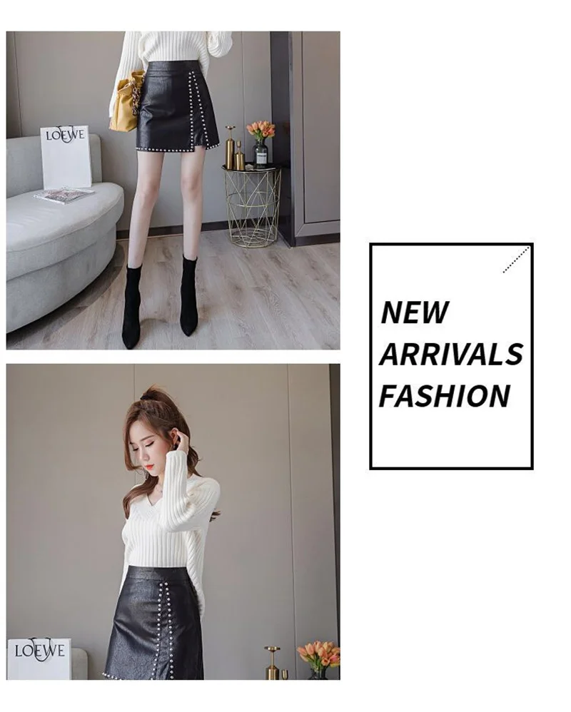 Fall Black Faux Leather Skirts for Women High Waisted Bodycon Mini Basic Pencil Rivet Hip Sexy Skirt with Slit Faldas Streetwear