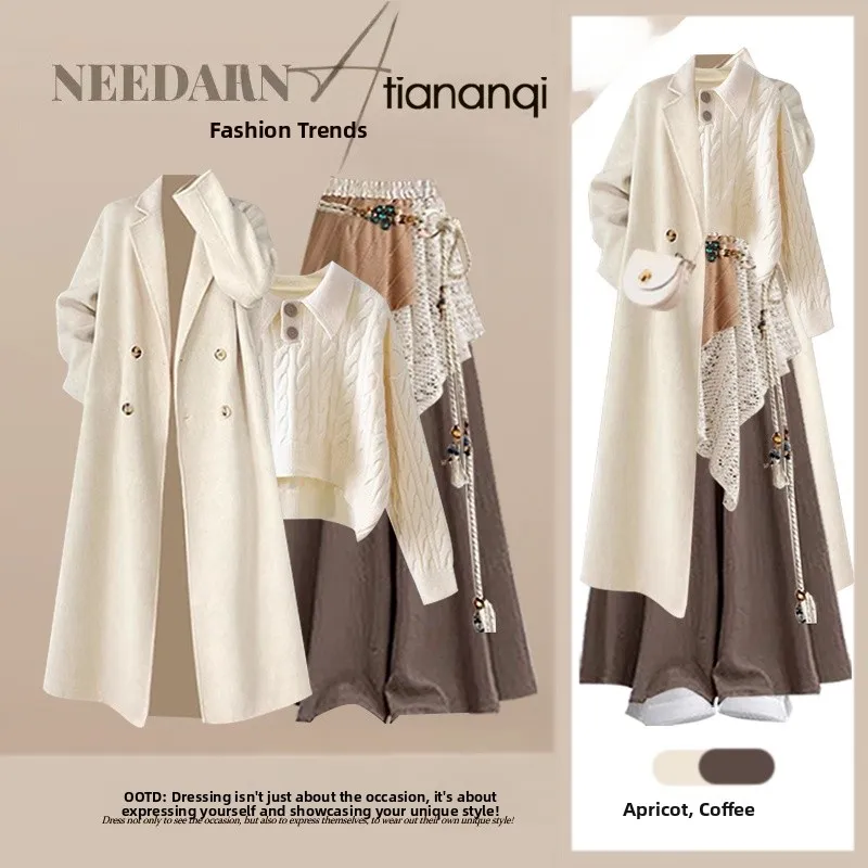 

Anti-Aging Knitted Sweater And Wide Leg Casual Skirt Travel Outfit Korean Style Four-Piece Set for Autumn Winter Leisure Wear