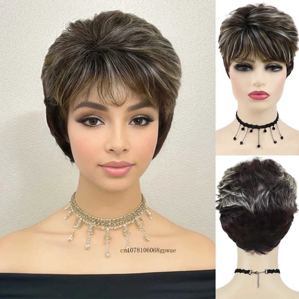 Synthetische Pixie Cut Perücke mit Pony Frauen kurze Mischung braune Perücken geschichtete Frisur tägliche Cosplay Halloween hitze beständige Faser